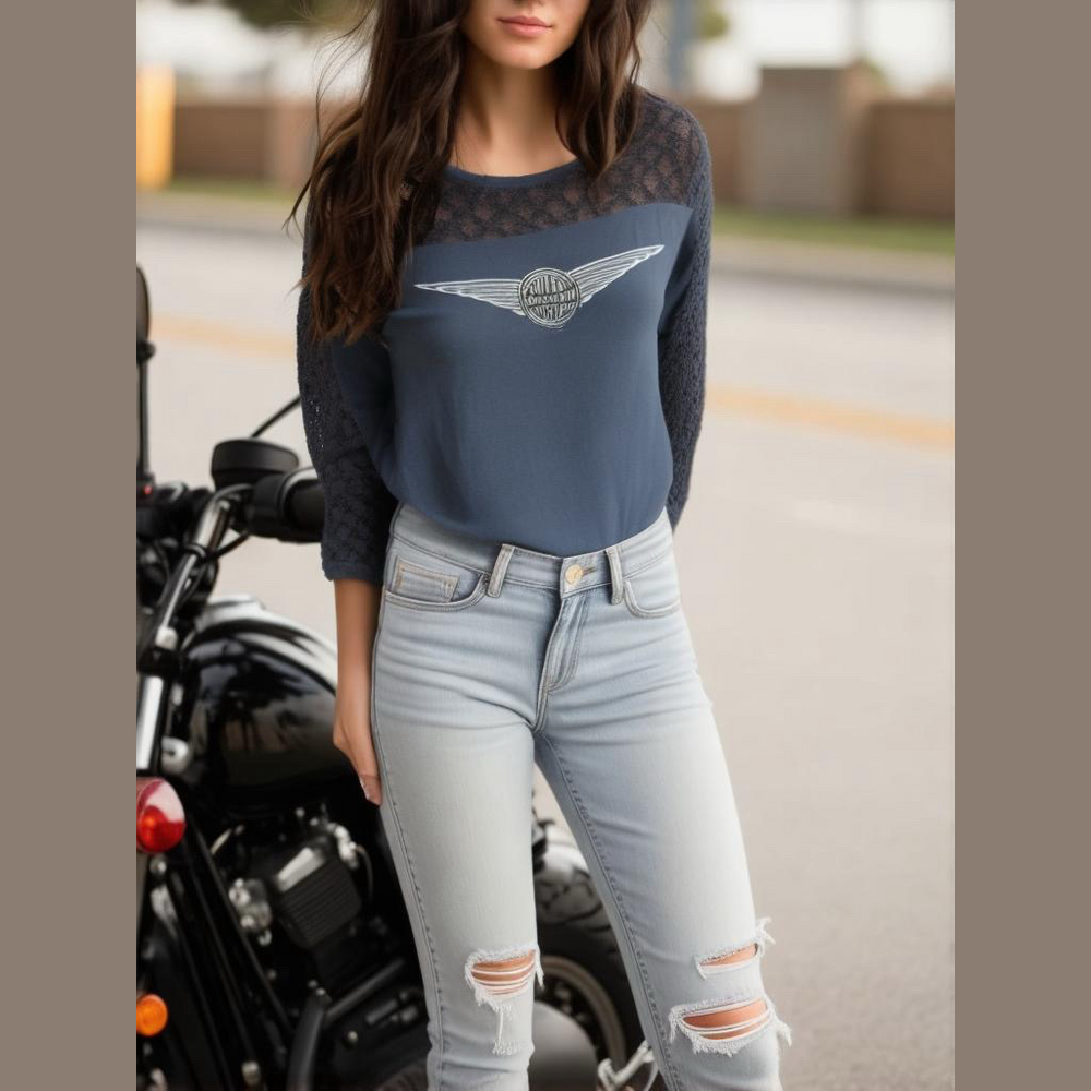 Vintage Harley Davidson Top Woman's Large Black Lace Sleeves Crocheted Biker - Picture 2 of 14